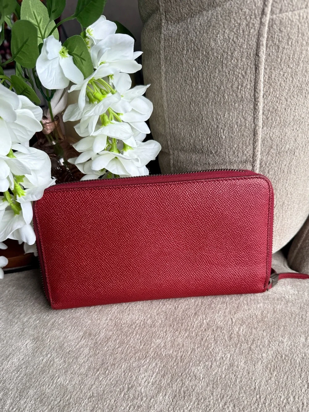 Burberry Red Textured Zip-Around Large Organizer Wallet Authentic
